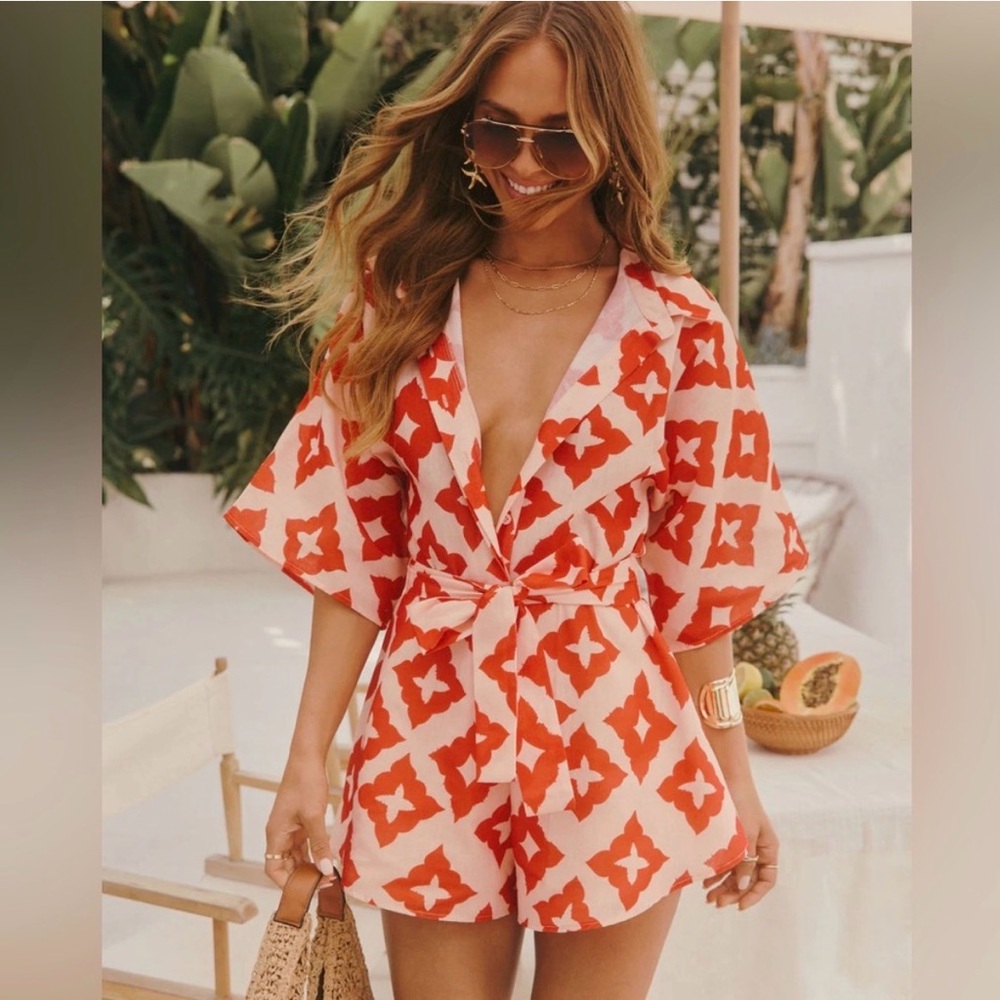 VICI Red and Cream Button-up Romper